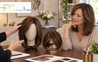 Illustrative salon consultation comparing a full wig and hair topper, with the HRC of Iowa logo.