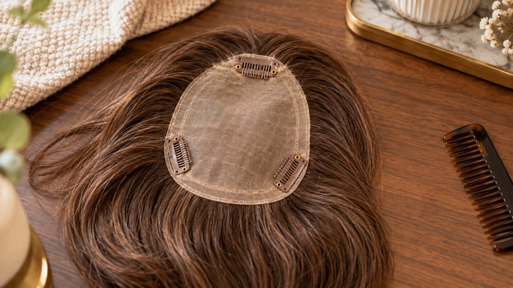 Underside of an illustrative brown hair topper showing its mesh base and three attachment clips.