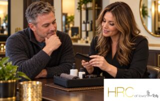 Illustrative man discussing a hair-system care kit with a salon professional, with HRC of Iowa logo