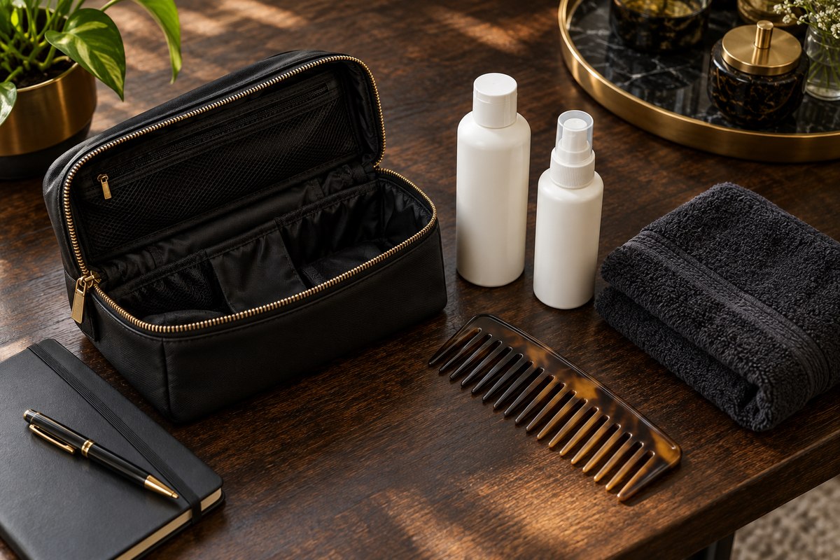 Illustrative travel care kit with comb, unlabelled bottles, towel and planning notebook